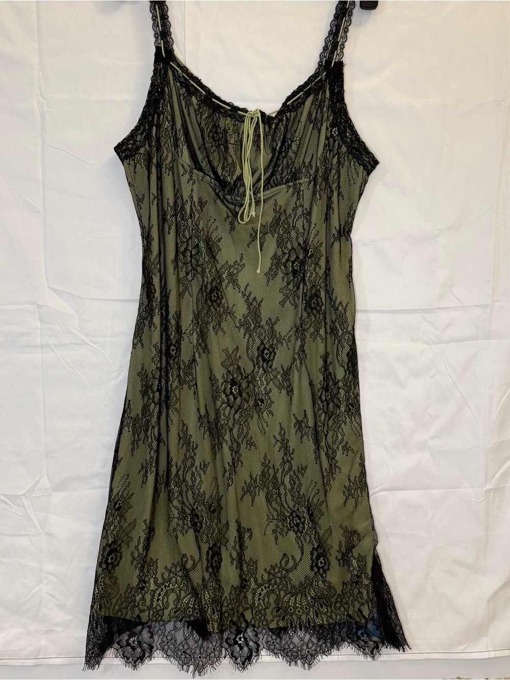 Black Lace Olive Slip Dress Floral Overlay Tie Front Romantic Goth Y2K